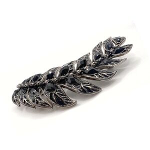 Vintage Monet Black Enamel Leaf Brooch Silver Tone Rhinestone Accent 3.5"